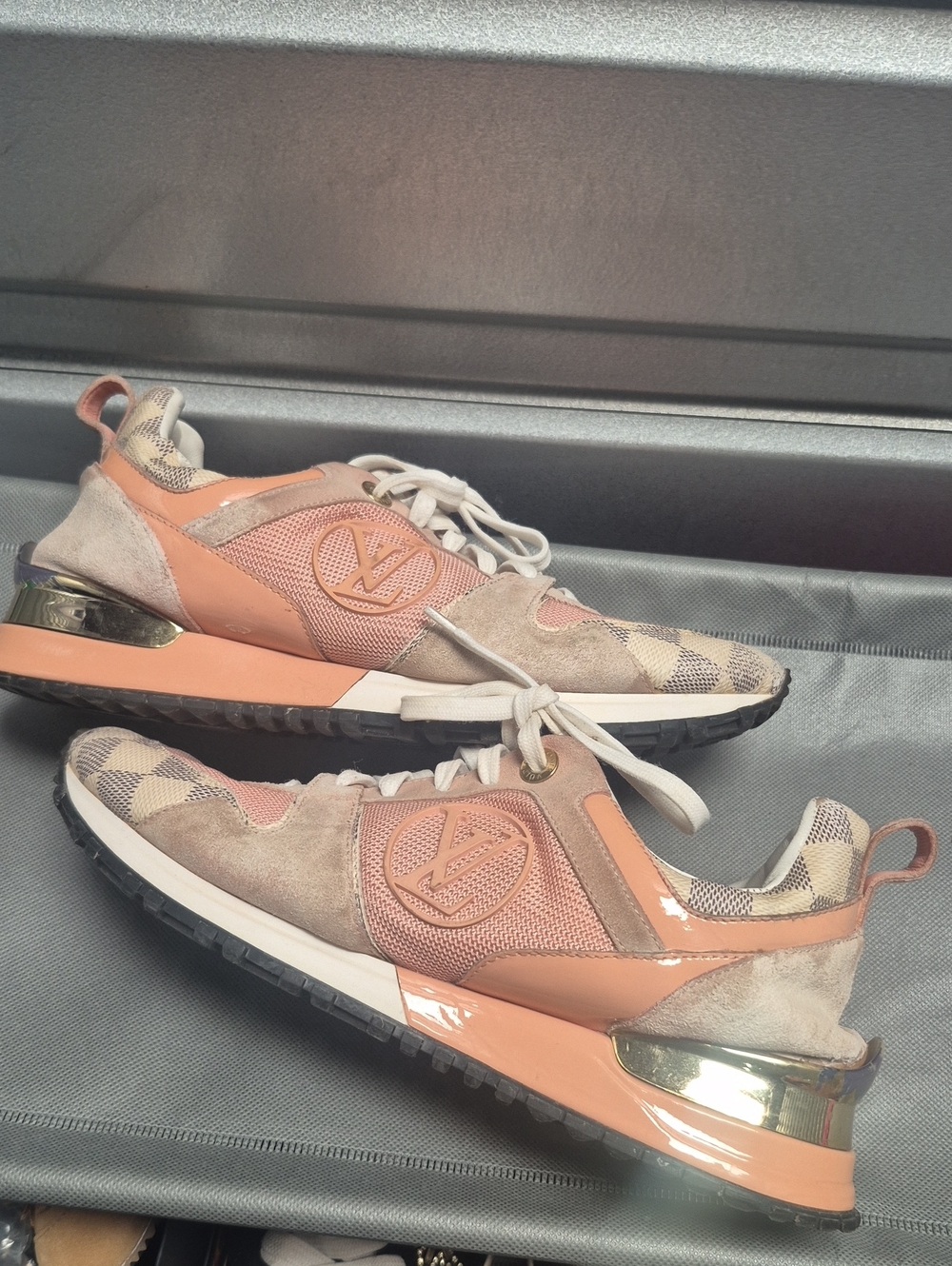 Peach & Beige Checker Suede Sneakers